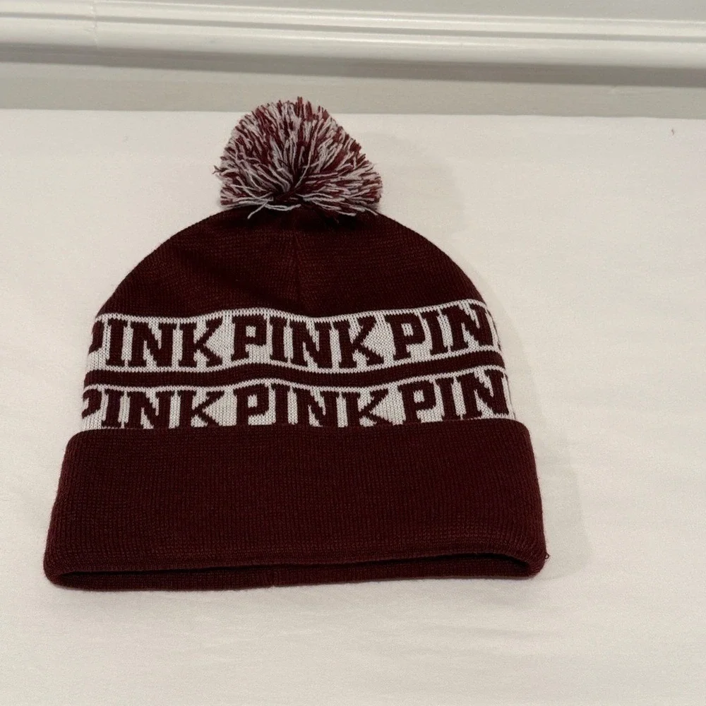 Victoria's Secret PINK Beanie Hat Burgundy Maroon White Logo Pom Pom Winter‎